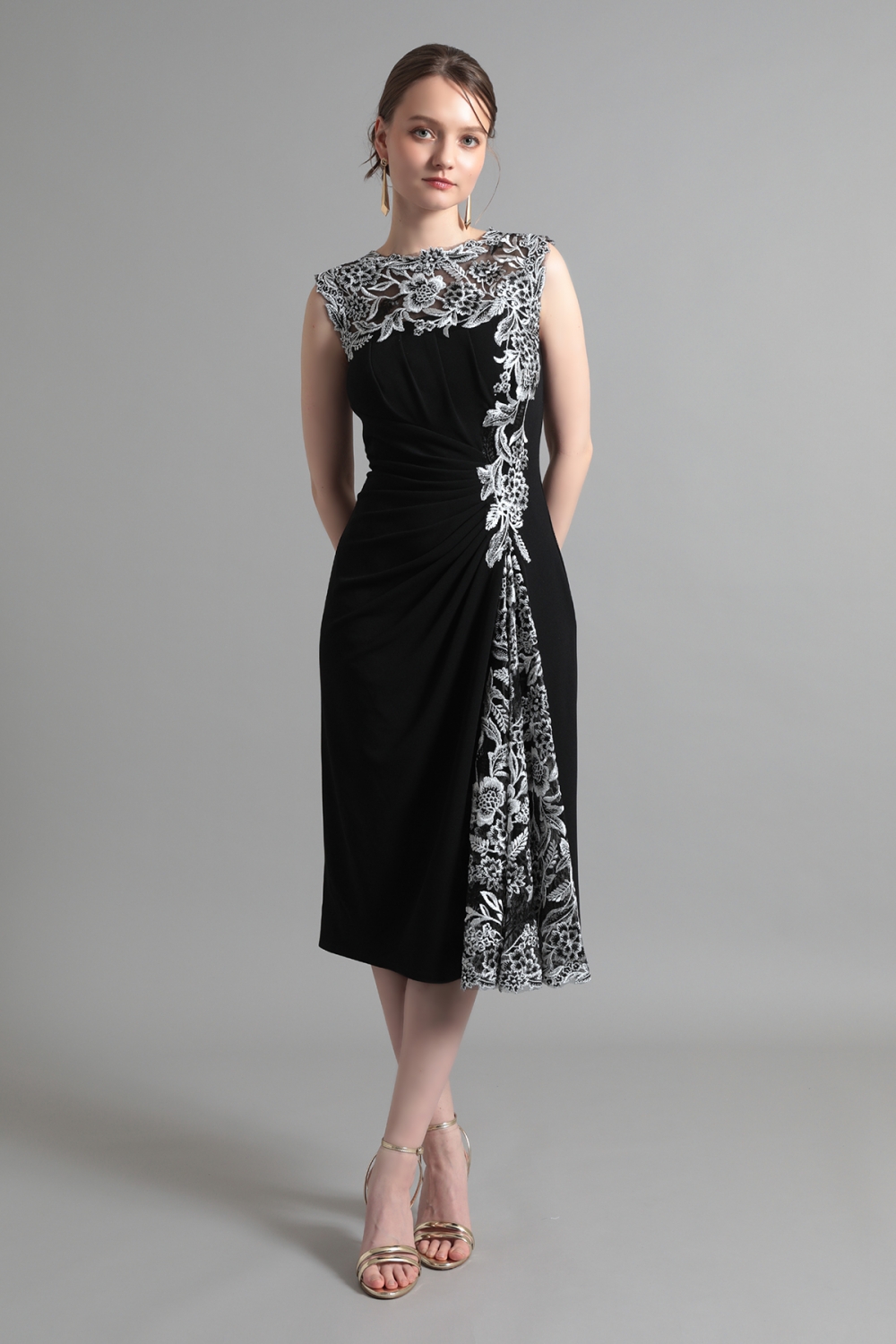 【リクエスト受付のみ】ブラック ノースリーブ ウエストドレープ ミモレ丈ドレス