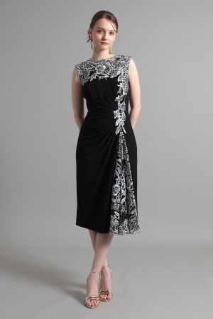 【リクエスト受付のみ】ブラック ノースリーブ ウエストドレープ ミモレ丈ドレス