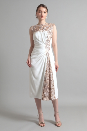 アイボリー ノースリーブ ウエストドレープ ミモレ丈ドレス