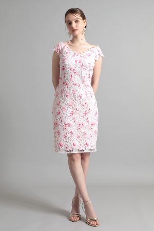 ホワイトピンク Ｖネックタイトミディアムドレス