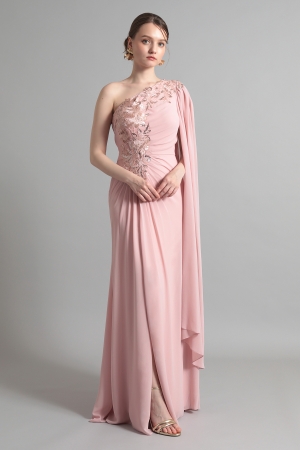 ピンク ワンショルダー フローラル刺繍ロングドレス