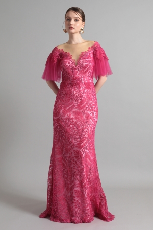フューシャピンク オフショルダー ボタニカルレース ロングドレス