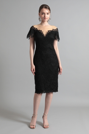 ブラック　オフショルダー　ボタニカル ミディアムドレス