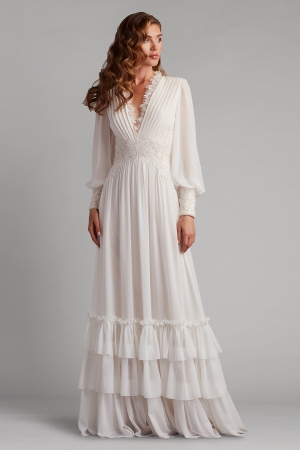 アイボリー Vネック ティアードフリル ロングドレス