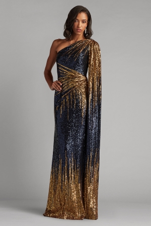 ネイビー ゴールド アシンメトリーワンショルダースパンコールロングドレス