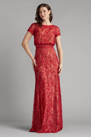 レッド 半袖 ブラウジングトップ ロングドレス