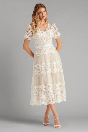 アイボリー Vネック 半袖 ミモレ丈ドレス