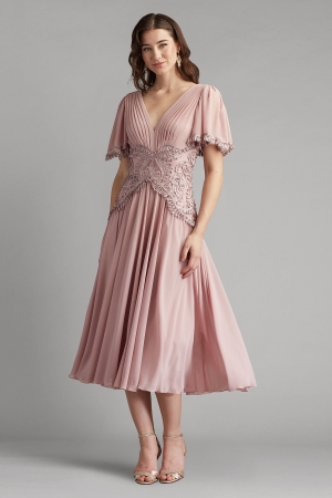 ピンク Vネック プリーツミモレ丈ドレス