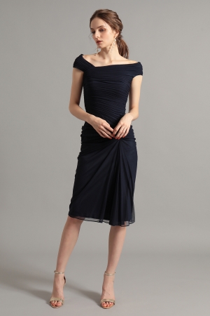 ネイビー メッシュオフショルダー タイトドレス