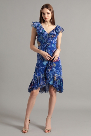 ブルー Vネック ラッフルフリル プリントドレス